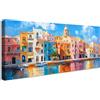 HALFLEMART Case Colorate Stampa su tela con cornice Città di Mare Cielo Blu Paesaggio Marino Pittura Quadri su tela Quadri Moderni Foto su Tela Poster Stampe da Parete Soggiorno Camera da Letto 50x120cm