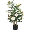 HOMCOM Pianta Finta di Rosa con 17 Fiori Realistici e 344 Foglie, Bianco | Pianta Artificiale, Anti-UV, Vaso Nero Riempito in Cemento, Decorazione per Interno ed Esterno, Soggiorno, Ingresso