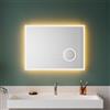 SUNXURY - Specchio da bagno a LED con orologio, 80x60cm, specchio da parete con ingrandimento 3X, specchio per il trucco, interruttore touch, anti-appannamento, 3 colori di luce dimmerabili 3000K