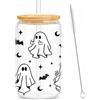 Silkenaire Bicchiere Halloween 500 ML con Coperchio, Cannuccia in Vetro, Fantasma