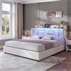 BRILVERDE Letto 140x200 con Contenitore Idraulico, con LED e USB, con Rete a doghe e testiera Imbottita, per Adulti e Adolescenti, Pelle (Beige, 140 x 200 cm)
