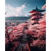 Eiialerm timbrato punto croce Kits Torre di ciliegi in fiore sul Monte Fuji fai da te Pre-Stampato ricamo Starter Kit per i Principianti-40x50cm(Tela prestampata 11CT)