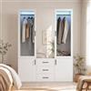 DULRLLY Armadio moderno bianco con specchio e LED, armadio multifunzione con 2 ante trasparenti, 3 cassetti, armadietti e asta appendiabiti per appartamenti e camera da letto