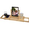 BAKAJI Tavolino Vassoio per Vasca Bagno Estensibile con portasapone Portacalice Portabicchiere Larghezza Regolabile in Legno bambù Supporto per Tablet e Scomparti Organizer per Il Bagno