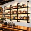 AUSKLEZU Portabottiglie da Parete Industriale con LED，Nero：3 liv：89cm | Mensola portabottiglie a muro con tubi in ferro nero piano in legno nero e luce LED calda plug and play per bar industriale