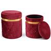 Shally Dogan Set 2 Pouf Contenitori in Velluto, Design Moderno con Fascia in Metallo, Poggiapiedi Rotondo Capiente, Sgabello con Coperchio Rimovibile e Seduta Imbottita Alta Densità (Bordeaux)