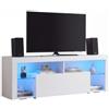 Amveya Mobile TV Bianco 140 cm con LED Mobile Basso Soggiorno Moderno | Mobiletto porta televisore con vani aperti ripiano in vetro temperato tavolo multimediale per decoder console e libri