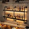 AUSKLEZU Portabottiglie da Parete Industriale con LED，Nero：2 liv：155cm | Mensola portabottiglie a muro con tubi in ferro nero piano in legno nero e luce LED calda plug and play per bar industriale