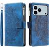 VEEMOS Custodia a portafoglio per Apple iPhone 17 Pro Max, motivo floreale, in pelle, con scomparti per carte, cavalletto e tasca con cerniera, blu