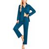 Bresdk Pigiama Donna Lungo in Cotone Aperto con Bottoni e Tasche | Camicia pigiama monocolore con colletto a revers e bottoni, pantaloni lunghi con vita elastica, coulisse e tasche laterali