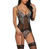 KOEMCY Lingerie Donna Sexy Completi Intimi Donna Pizzo Babydoll Lingerie Set Reggicalze Camicia da Notte Trasparente Scollo a V Pizzo Cinghie Incrociate Lingerie