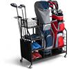 COSTWAY Organizer per Sacca da Golf per Garage, Carrello per 2 Borse da Golf con Ruote Bloccabili, Ganci e Tasche Porta Mazze da Golf, Organizer per Accessori da Golf e Attrezzature Sportive