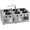 Casta Cucina wok a gas da centro sala bifronte con doppio scarico, 6 fuochi, 2000 x 1400 mm, h 850 mm - 9,5 kW