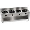 Casta Cucina wok a gas con canale posteriore senza lavaggio, 4 fuochi, 2400 x 700 mm, h 850 mm - 21,0 kW
