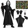 HHDESHSL Scream Costume Halloween, Costume Horror Fantasma con Maschera | con 10 Adesivi Fosforescenti Halloween e Collana Teschio per Carnevale, Cosplay e Feste a Tema