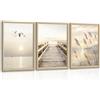 FajerminArt 3 Pcs Quadri Moderni Beige Mare Paesaggio Stampe Da Parete Con Cornice, Tramonto Mare Scenario Stampa Su Tela Estetica Canne Ponte Gabbiani Quadro Decorazioni per Soggiorno Camera da Letto 40X60cmX3