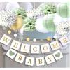 luckylibra Decorazioni per baby shower, bandiere di benvenuto per neonati, lanterne di carta, pompon di carta a forma di fiore (verde salvia, oro, bianco)
