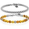 10:10 Bracciale Uomo Donna Pietre Naturali Ambra 6 mm, Acciaio Inox Inossidabile, Braccialetto Misura Regolabile, Made In Italy