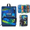 SJ GANG STYLE JAM GANG Seven Zaino Doppio Scomparto Estensibile Seven, Blu, Schienale Preformato, Bambino Scuola + Astuccio 3 Zip, Completo di Matite, Pennarelli, Colori, Elementari, Medie, Superiori,Bambini e Ragazzi