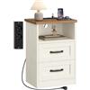 Hzuaneri Comodino, Stazione di Ricarica 2 AC + 2 USB, 2 Cassetti | Comodini Camera da Letto, Spazio aperto, Stile rustico, Soggiorno, 30 x 40 x 60 cm, Bianco Rustico e Noce Medio NS10214XEU