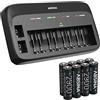 ABSINA Caricabatterie pile ricaricabili AA AAA e 9V + 8x AA 2900 | Caricabatterie NiMH 10 Slot per batterie ricaricabili - Carica pile AAA AA e 9V