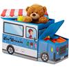 Relaxdays Sgabello Bambini Contenitore Giocattoli con Scomparto, Pieghevole & Salvaspazio, Camioncino Gelato, 50 l, Blu