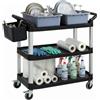 HOMCOM Carrello Pulizie Professionale 3 Ripiani 100kg 115x50x100 cm Nero | Metallo e Plastica, 2 Contenitori Rimovibili, Secchio Sospeso, 4 Ruote, per Hotel e Albergo