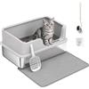 PawHut Lettiera per Gatti Semi Chiusa XL con Tappetino, 30 L, Grigio Chiaro | Toilette per Gatti Fino a 8 kg, Vassoio in Acciaio Inox, Paletta, Spazzola, Gancio Adesivo, Bordi Alti