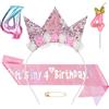 AYBUY 4° Compleanno Corona Rosa, Corona di Compleanno con Brillantini e Fiori, Cerchietto Bambina, Corona di Fiori di Rosa, Con Fascia di Compleanno, 4° Candeline a Forma di Numero e Palloncini