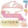 AYBUY 7° Compleanno Corona Rosa, Fascia per Capelli a Forma di Corona, Con Decorazioni per la Torta, Fascia di Compleanno, 7° Candeline a Forma di Numero e Palloncini