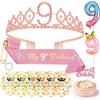 AYBUY 9° Compleanno Corona Rosa, Fascia per Capelli a Forma di Corona, Con Decorazioni per la Torta, Fascia di Compleanno, 9° Candeline a Forma di Numero e Palloncini
