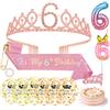 AYBUY 6° Compleanno Corona Rosa, Fascia per Capelli a Forma di Corona, Con Decorazioni per la Torta, Fascia di Compleanno, 6° Candeline a Forma di Numero e Palloncini