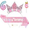 AYBUY 6° Compleanno Corona Rosa, Corona di Compleanno con Brillantini e Fiori, Cerchietto Bambina, Corona di Fiori di Rosa, Con Fascia di Compleanno, 6° Candeline a Forma di Numero e Palloncini
