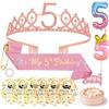 AYBUY 5° Compleanno Corona Rosa, Fascia per Capelli a Forma di Corona, Con Decorazioni per la Torta, Fascia di Compleanno, 5° Candeline a Forma di Numero e Palloncini