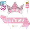AYBUY 5° Compleanno Corona Rosa, Corona di Compleanno con Brillantini e Fiori, Cerchietto Bambina, Corona di Fiori di Rosa, Con Fascia di Compleanno, 5° Candeline a Forma di Numero e Palloncini