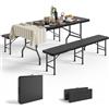 Devoko Set 3 Tavoli e Panche Birreria Pieghevoli Rattan, 1 Tavolo 180x74x74cm + 2 Panca da Esterno 180x30x43cm, Robusta Portatile Facile da Pulire Pieghevole Tavolo Birreria con Panche per 6-8 Persone