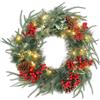 HOMCOM Ghirlanda Natalizia da 60 cm con Luci LED Bianche con Timer Verde | Corona di Natale, 170 Rami, Pigne Bacche e Agrifoglio, Decorazione Natalizia per Porta e Finestra
