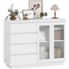 HOMCOM Credenza Cucina con 2 Ante Soft Close Buffet 120x40x91 cm Bianco | Armadietto in Vetro Temperato, 4 Cassetti, Ripiani Regolabili, Mobile Cucina, per Soggiorno Sala da Pranzo