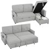 HOMCOM Divano Letto 3 Posti Estraibile con Chaise Longue Convertibile | Divano Angolare con Vano Portaoggetti, 3 Cuscini Sfoderabili, Tessuto Effetto Lino, 201x132x88cm, Tasche, Soggiorno, Grigio