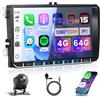 Hikity 4+64G Autoradio per VW Golf 5 6 Passat Polo Tiguan Touran Caddy Skoda Seat | 9 IPS Android 15 Radio con FM RDS EQ Bluetooth Navi GPS Uscita Video Split-Screen SWC USB WIFI Telecamera Microfono