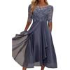 Generic Abito Midi da Donna in Chiffon con Applicazioni in Pizzo, Maniche a Tre Quarti, Elegante Abito da Sera/Cocktail per invitata a Matrimoni.