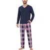 Bresdk Pigiama Uomo Cotone Lungo con Scollo a V e Quadri | Maglia Tinta Unita a Maniche Lunghe E Pantaloni con Elastico, Coulisse E Due Tasche Laterali