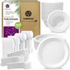 GoBeTree Set Stoviglie 250 Pezzi per 50 Persone, Piatti 23 cm e Ciotole 500 ml in Canna da Zucchero, 150 Posate Riutilizzabili Robuste. Servizio Completo Ecologico ed Elegante per Feste ed Eventi.