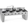 Casta Cucina wok a gas su base a ponte con colonna acqua e canale senza lavaggio, 7 fuochi, 3500 x 900 mm, h 850 mm - 9,5 kW