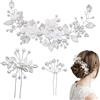 KUBDPQOR Accessori Capelli Comunione Bambina Set 3 Pezzi - Fermagli Eleganti con Fiori per Cerimonia - Stile U Flessibile - 25 cm - Colore Argento con Perle