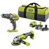 Ryobi Kit valigetta trapano avvitatore e smerigliatrice a batteria ryobi r18pd3 + r18ag 2 batterie 18v 2ah/4ah e caricabatterie