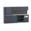 Fami Arredamento modulare per officina fami linea 391 con armadi a due ante, cassettiera, carrello e modulo di servizio in lamiera antracite 304x49,5x190 cm
