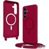 Bigcousin Magnetica Cover con Cordino per Samsung Galaxy S25 FE,[Compatibile con MagSafe], Cover in Silicone, Regolabile Cordino da Collo Nylon Catena Collana Tracolla,Rosso