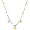 Brosway Collana da donna collezione chant. Collana realizzata in acciaio placcato oro con pendenti a forma di stella, lucchetto e cuore con perline smaltate turchese. Chiusura a moschettone