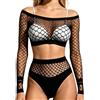 IGXX Completo Lingerie Babydoll in Rete da Donna, Crop Top Trasparente a Maniche Lunghe con Slip, Outfit per Rave Club e Pole Dance, Nero